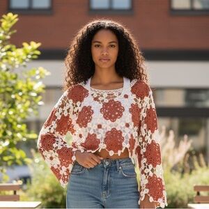 Lulu's Reddish Brown and White Crochet Crop Floral Top with Long Sleeves